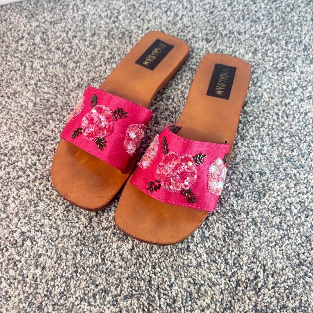 Mystique Pink Satin Floral Beaded Sequin Leather Slide Sandals Womens 7